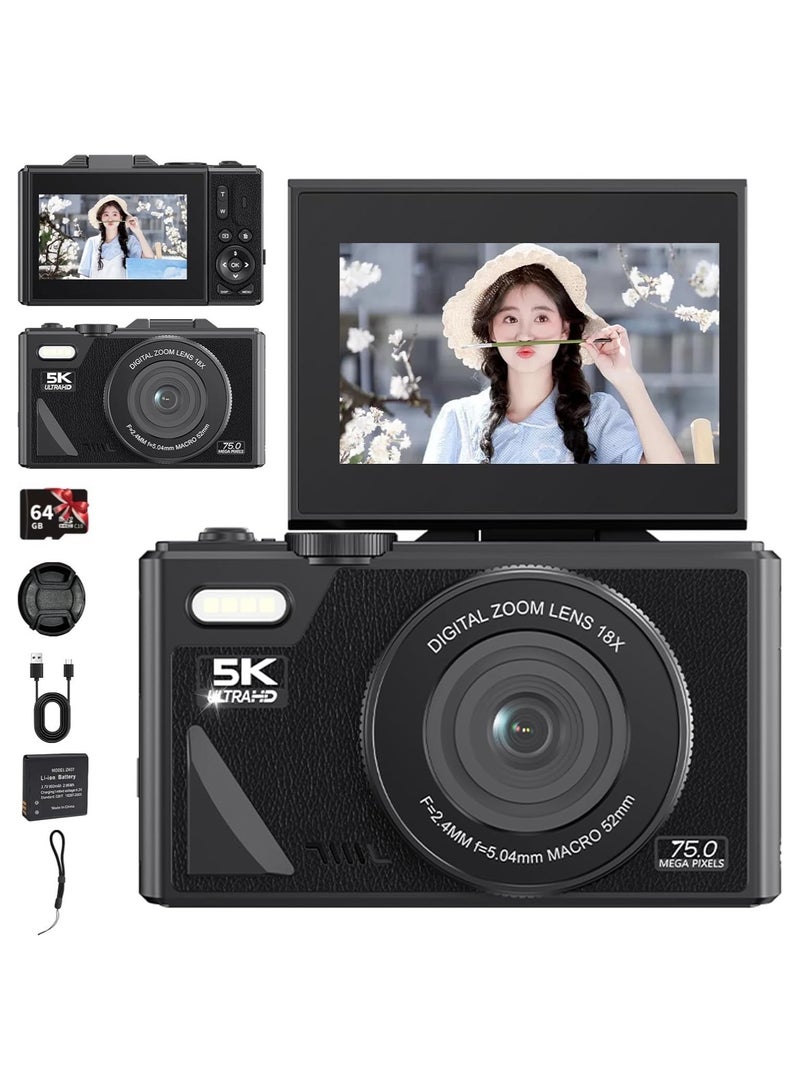 ميلاتيك كاميرا رقمية، كاميرا فيديو 5K، كاميرا أطفال 75 ميجابكسل، كاميرات رقمية بوينت آند شوت مع بطاقة TF سعة 64 جيجابايت، تكبير 18X، للأطفال الأولاد والبنات (أسود) - Image 1